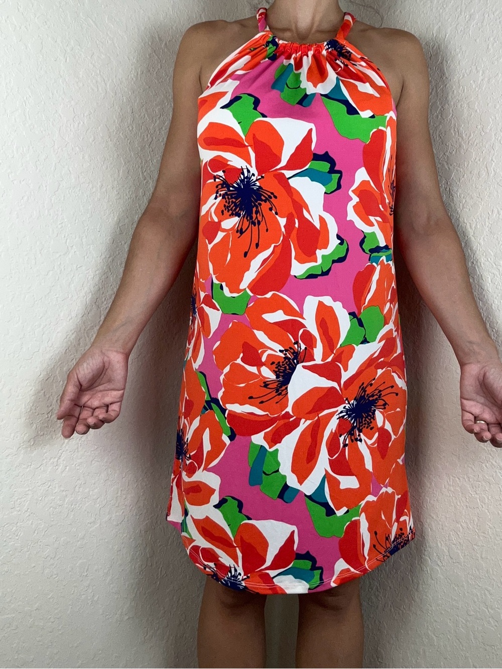 Trina Turk Juju Cover-Up Dress S Floral Halter Stretch Keyhole Back NEW orange - Picture 3 of 9